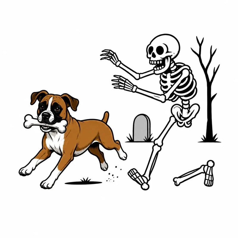 Personalized Dog Breed Halloween T-Shirt, Custom Choose Your Dog, Funny Skeleton Chasing Pup Graphic, Spooky Pet Lover Gift – Boxer