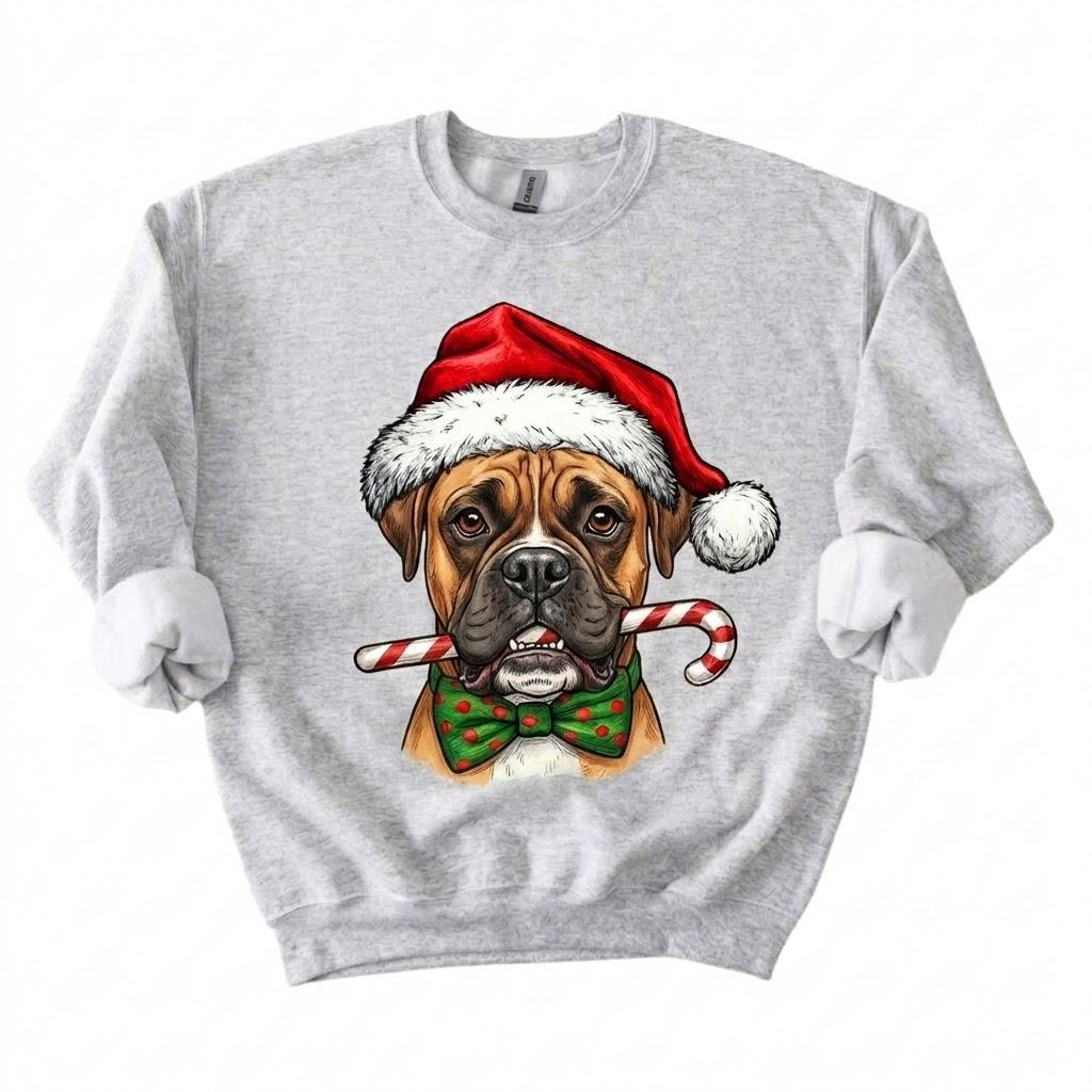 Personalized 50+ Dog Breed Christmas Sweatshirt, Custom Santa Hat Candy Cane Pet Portrait, Dog Mom and Dog Dad Holiday Gift – Boxer