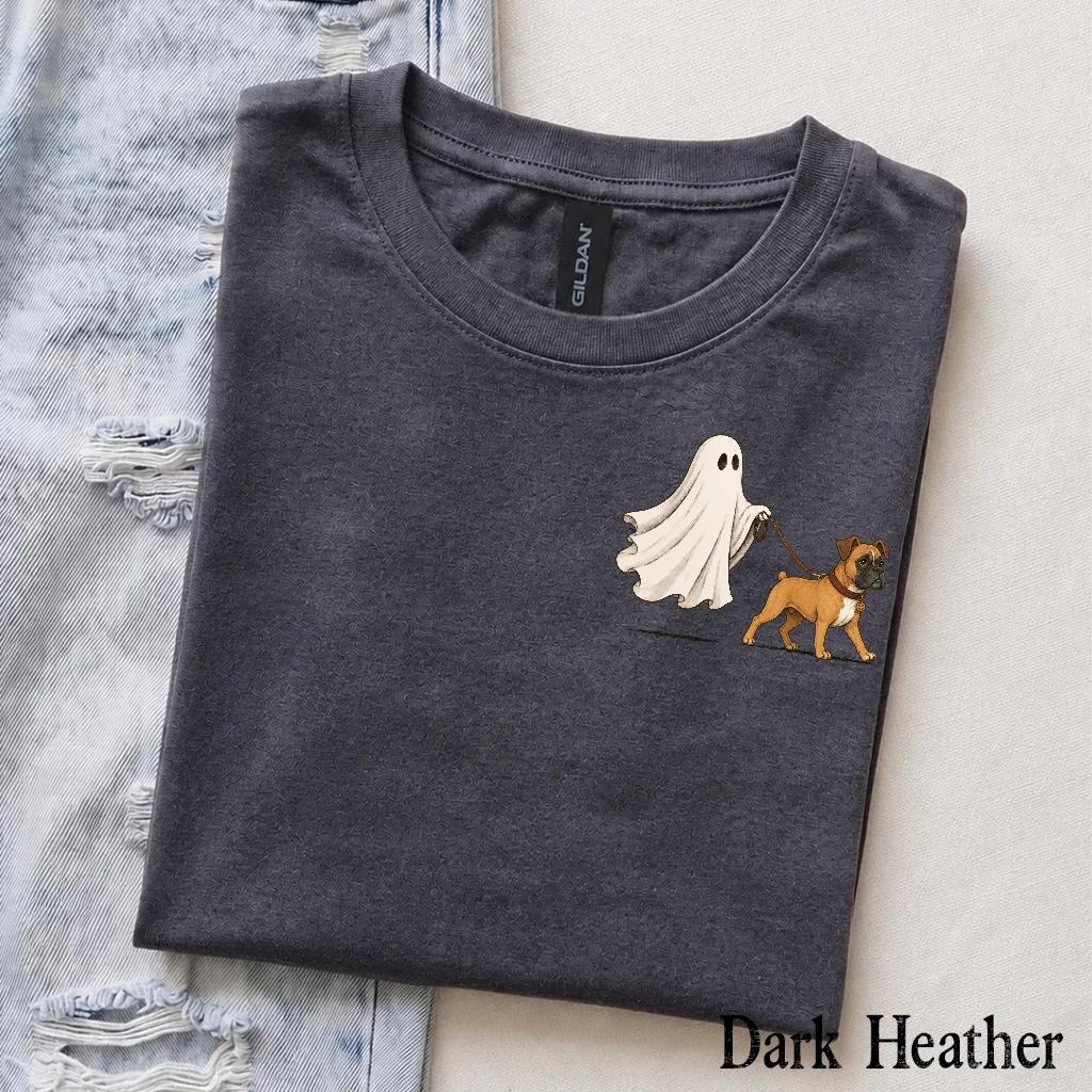 Personalized Dog Breed Halloween T-Shirt, Custom Ghost Walking Dog Graphic, Spooky Season Dog Mom Dad Gift – Boxer