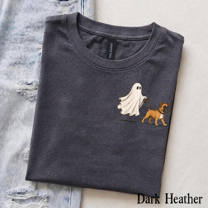Personalized Dog Breed Halloween T-Shirt, Custom Ghost Walking Dog Graphic, Spooky Season Dog Mom Dad Gift – Boxer