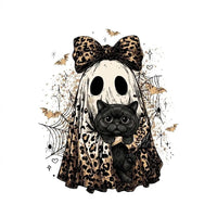 Halloween Cat Sweatshirt, Leopard Ghost Holding Custom Cat Breed, Spooky Season Cat Lover Gift for Women, Coquette Bow Leopard Print Style – British Shorthair