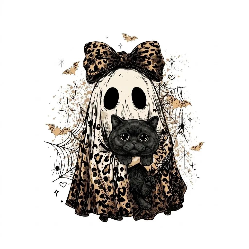 Halloween Cat Sweatshirt, Leopard Ghost Holding Custom Cat Breed, Spooky Season Cat Lover Gift for Women, Coquette Bow Leopard Print Style – British Shorthair