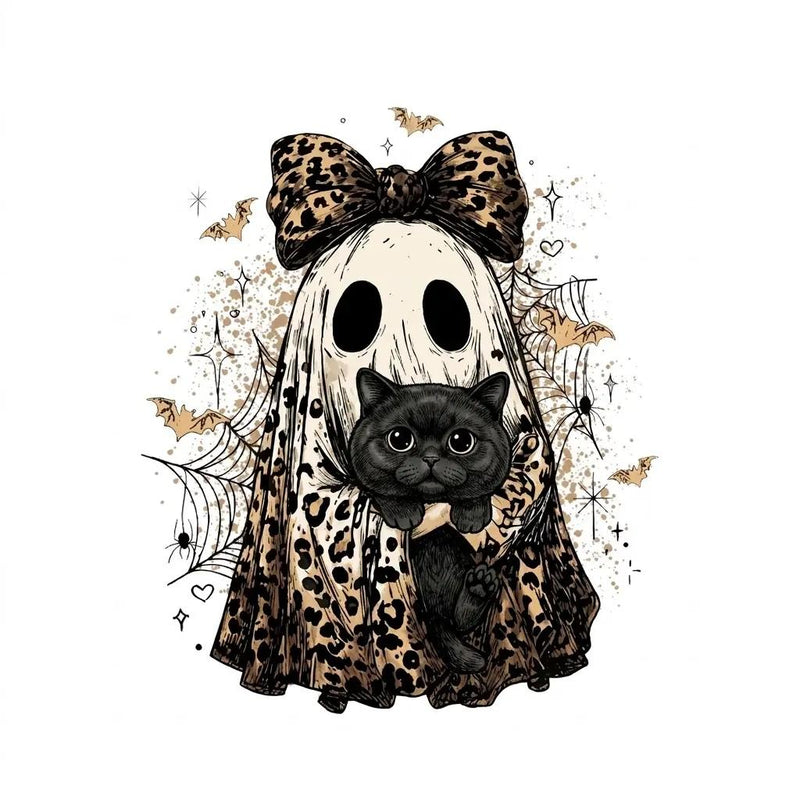 Halloween Cat Sweatshirt, Leopard Ghost Holding Custom Cat Breed, Spooky Season Cat Lover Gift for Women, Coquette Bow Leopard Print Style – British Shorthair