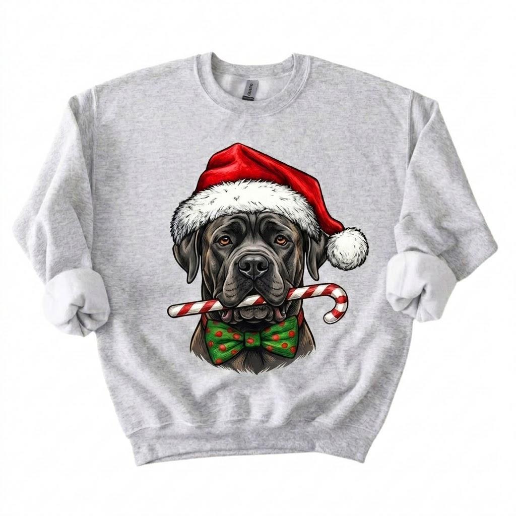 Personalized 50+ Dog Breed Christmas Sweatshirt, Custom Santa Hat Candy Cane Pet Portrait, Dog Mom and Dog Dad Holiday Gift – Cane Corso