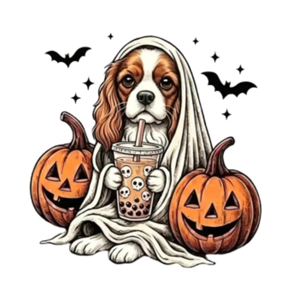 Personalized Dog Halloween T-Shirt, Custom Choose Your Dog Breed Ghost Boba Design, Cute Spooky Fall Pet Mom Dog Lover Gift – Cavalier King Charles
