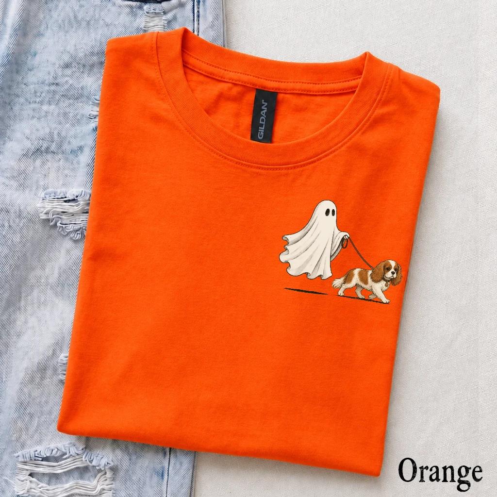 Personalized Dog Breed Halloween T-Shirt, Custom Ghost Walking Pet Top, Spooky Season Dog Mom Gift – Cavalier King Charles