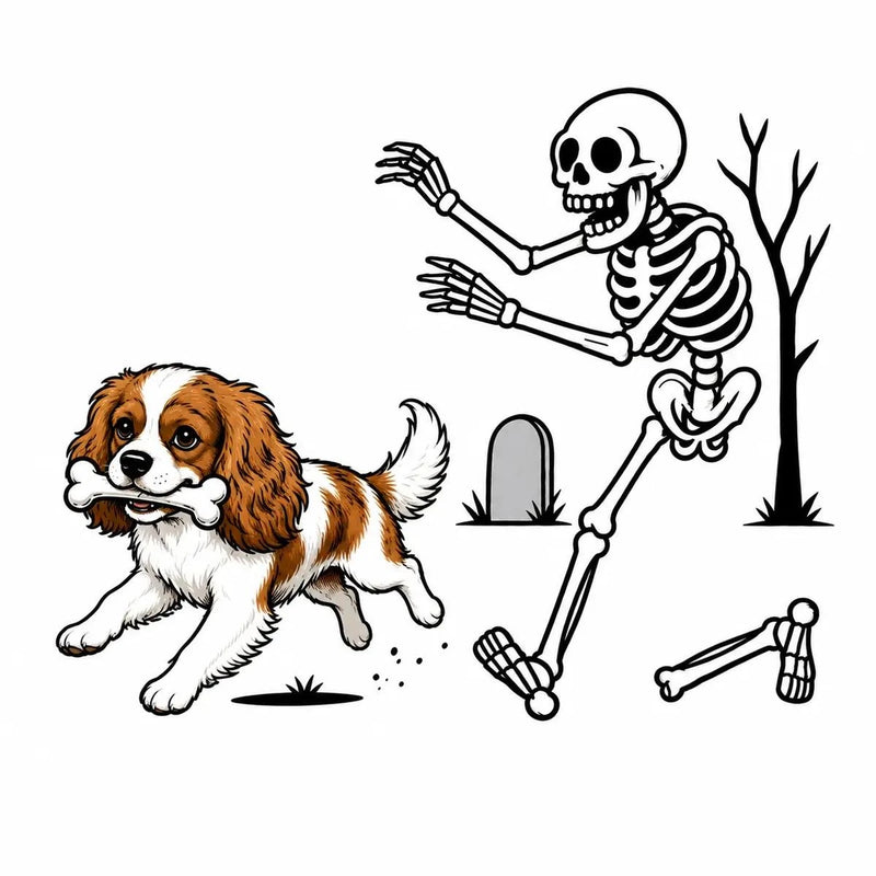 Personalized Dog Breed Halloween T-Shirt, Custom Choose Your Dog, Funny Skeleton Chasing Pup Graphic, Spooky Pet Lover Gift – Cavalier King Charles
