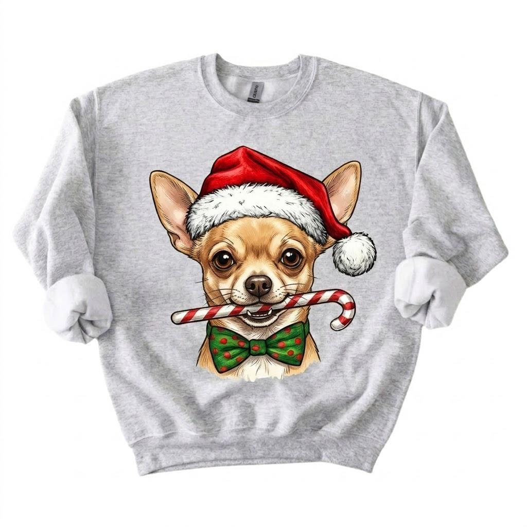 Personalized 50+ Dog Breed Christmas Sweatshirt, Custom Santa Hat Candy Cane Pet Portrait, Dog Mom and Dog Dad Holiday Gift – Chihuahua