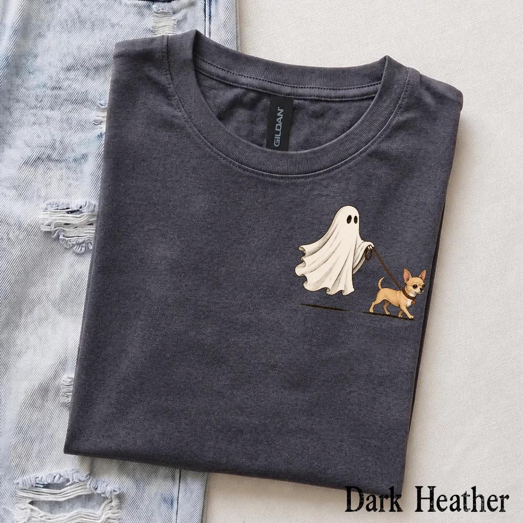 Personalized Dog Breed Halloween T-Shirt, Custom Ghost Walking Dog Graphic, Spooky Season Dog Mom Dad Gift – Chihuahua