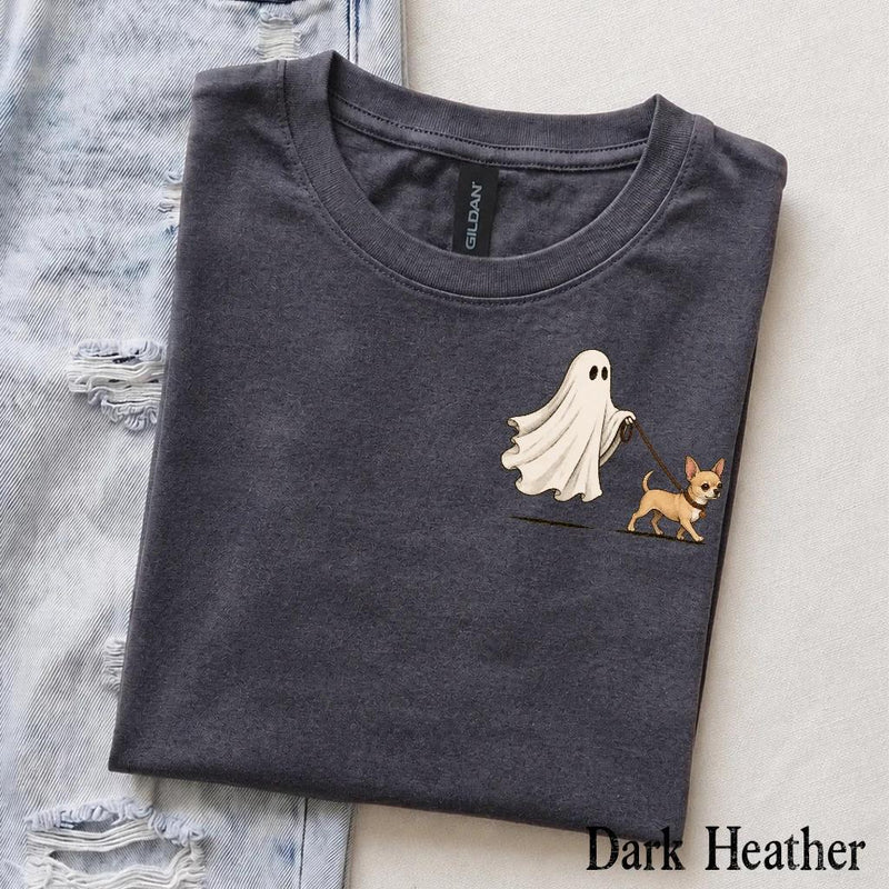 Personalized Dog Breed Halloween T-Shirt, Custom Ghost Walking Dog Graphic, Spooky Season Dog Mom Dad Gift – Chihuahua