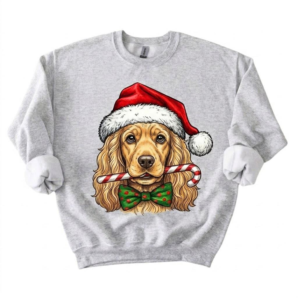 Personalized 50+ Dog Breed Christmas Sweatshirt, Custom Santa Hat Candy Cane Pet Portrait, Dog Mom and Dog Dad Holiday Gift – Cocker Spaniel