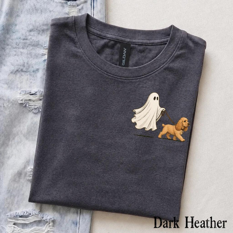 Personalized Dog Breed Halloween T-Shirt, Custom Ghost Walking Dog Graphic, Spooky Season Dog Mom Dad Gift – Cocker Spaniel