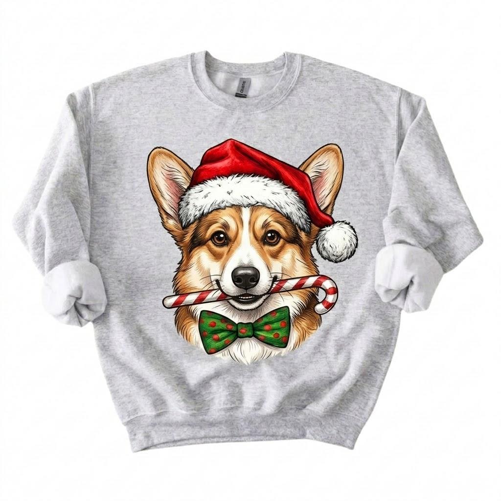 Personalized Dog Breed Christmas Sweatshirt, 50+ Breed Options, Santa Hat Candy Cane Dog Portrait, Holiday Gift for Dog Mom and Dog Dad – Corgi