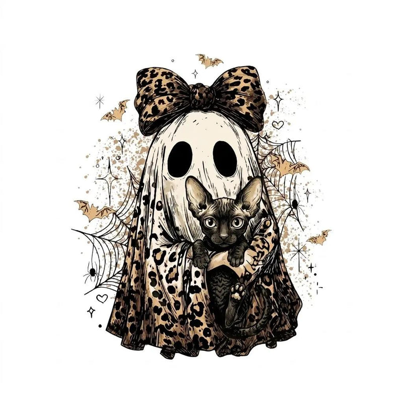 Halloween Cat Sweatshirt, Leopard Ghost Holding Custom Cat Breed, Spooky Season Cat Lover Gift for Women, Coquette Bow Leopard Print Style – Cornish Rex