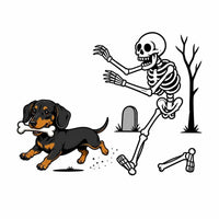 Personalized Dog Breed Halloween T-Shirt, Custom Choose Your Dog, Funny Skeleton Chasing Pup Graphic, Spooky Pet Lover Gift – Dachshund