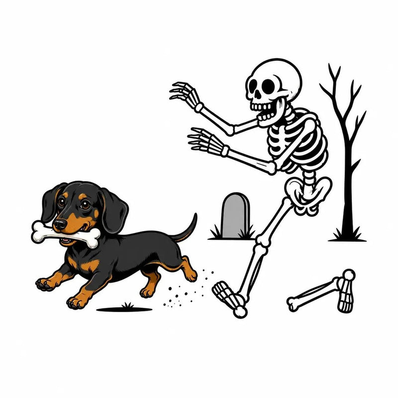 Personalized Dog Breed Halloween T-Shirt, Custom Choose Your Dog, Funny Skeleton Chasing Pup Graphic, Spooky Pet Lover Gift – Dachshund