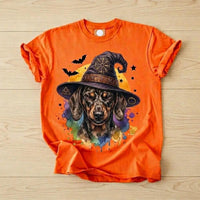 Custom Witch Dog Breed Halloween T-Shirt, Spooky Dog Mom Graphic Tee, Fall Pet Lover Costume Apparel – Dachshund