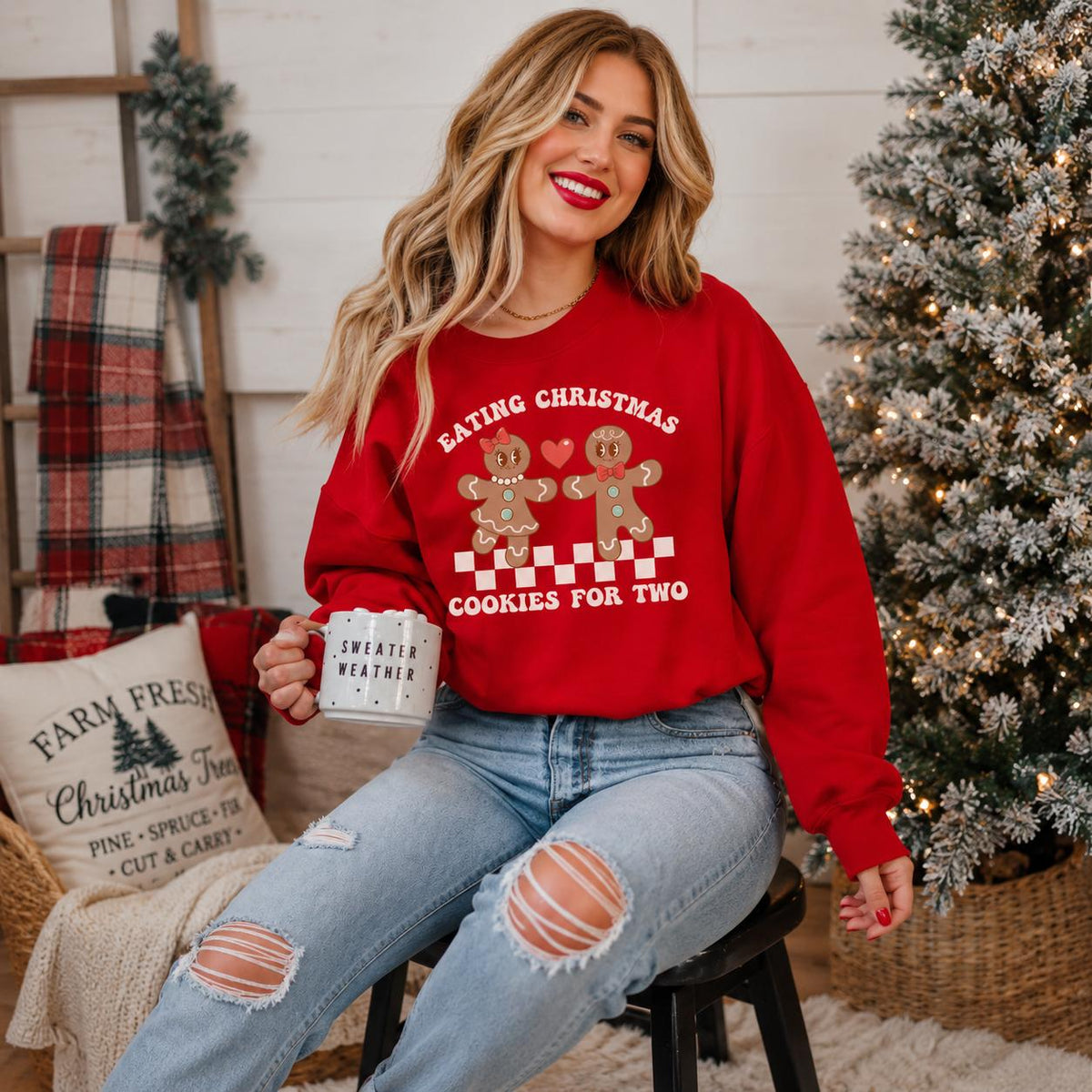 Custom Matching Christmas Couple Sweatshirt, Gingerbread Eating For Two Holiday Design, Funny Xmas Gift – Design 1