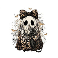 Halloween Cat Sweatshirt, Leopard Ghost Holding Custom Cat Breed, Spooky Season Cat Lover Gift for Women, Coquette Bow Leopard Print Style – Devon Rex