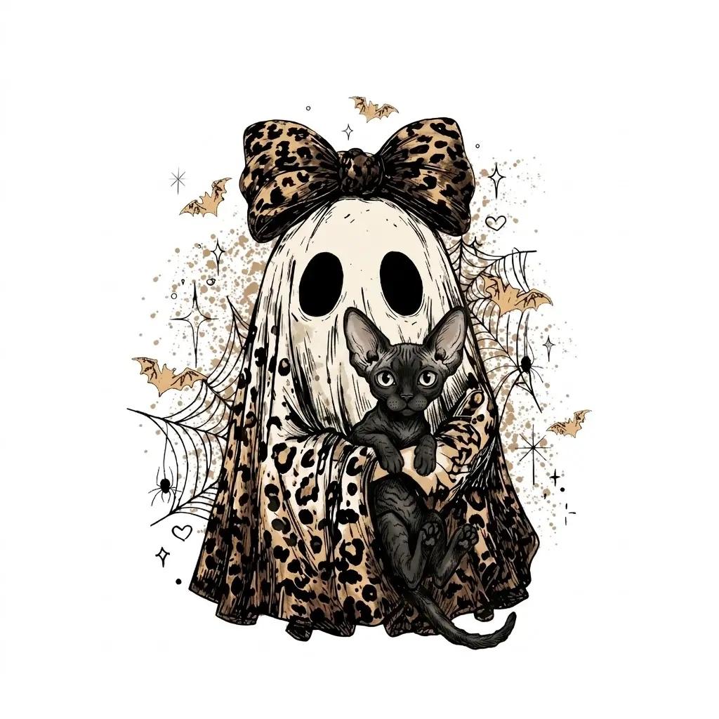 Halloween Cat Sweatshirt, Leopard Ghost Holding Custom Cat Breed, Spooky Season Cat Lover Gift for Women, Coquette Bow Leopard Print Style – Devon Rex