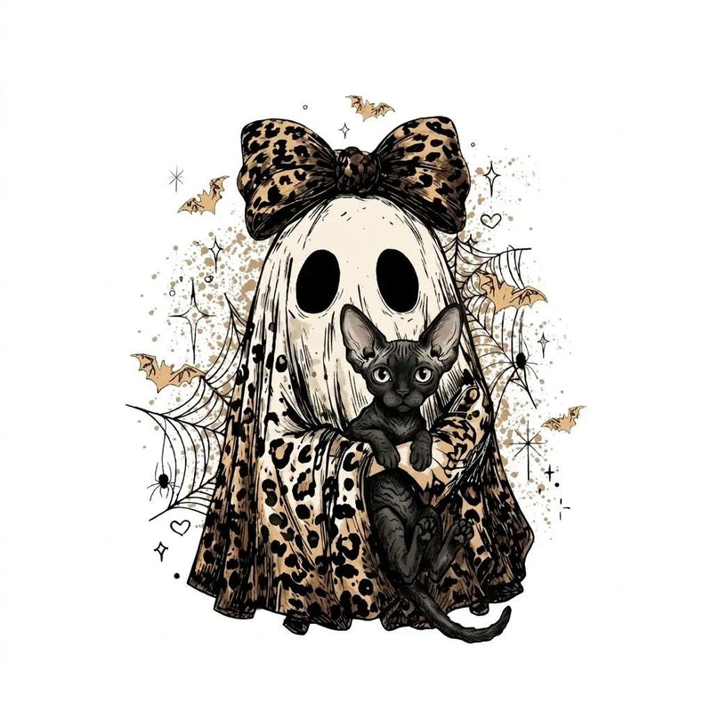 Halloween Cat Sweatshirt, Leopard Ghost Holding Custom Cat Breed, Spooky Season Cat Lover Gift for Women, Coquette Bow Leopard Print Style – Devon Rex