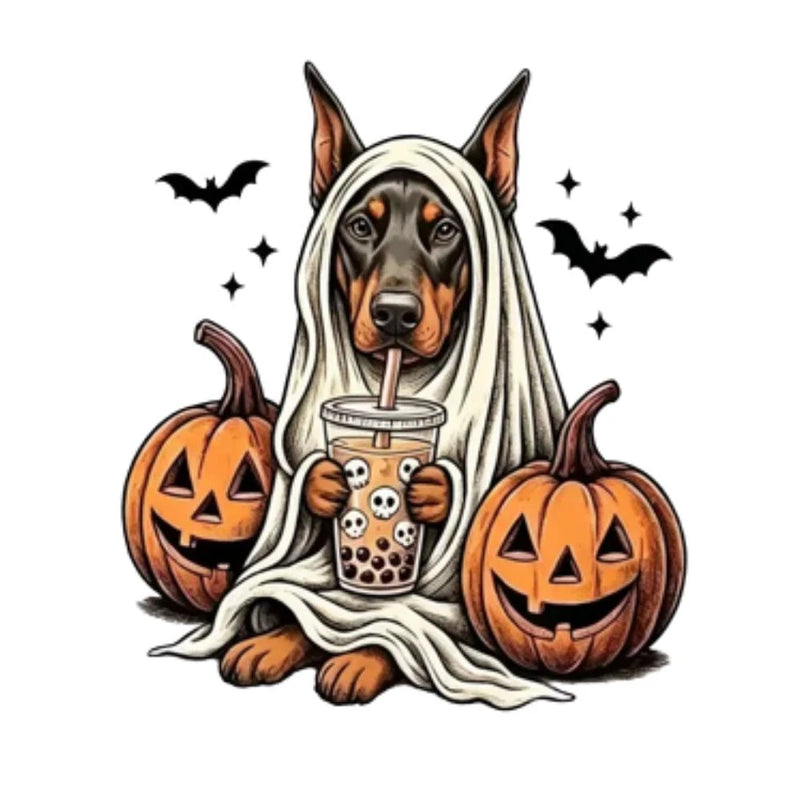 Personalized Dog Halloween T-Shirt, Custom Choose Your Dog Breed Ghost Boba Design, Cute Spooky Fall Pet Mom Dog Lover Gift – Doberman