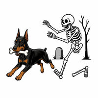 Personalized Dog Breed Halloween T-Shirt, Custom Choose Your Dog, Funny Skeleton Chasing Pup Graphic, Spooky Pet Lover Gift – Doberman