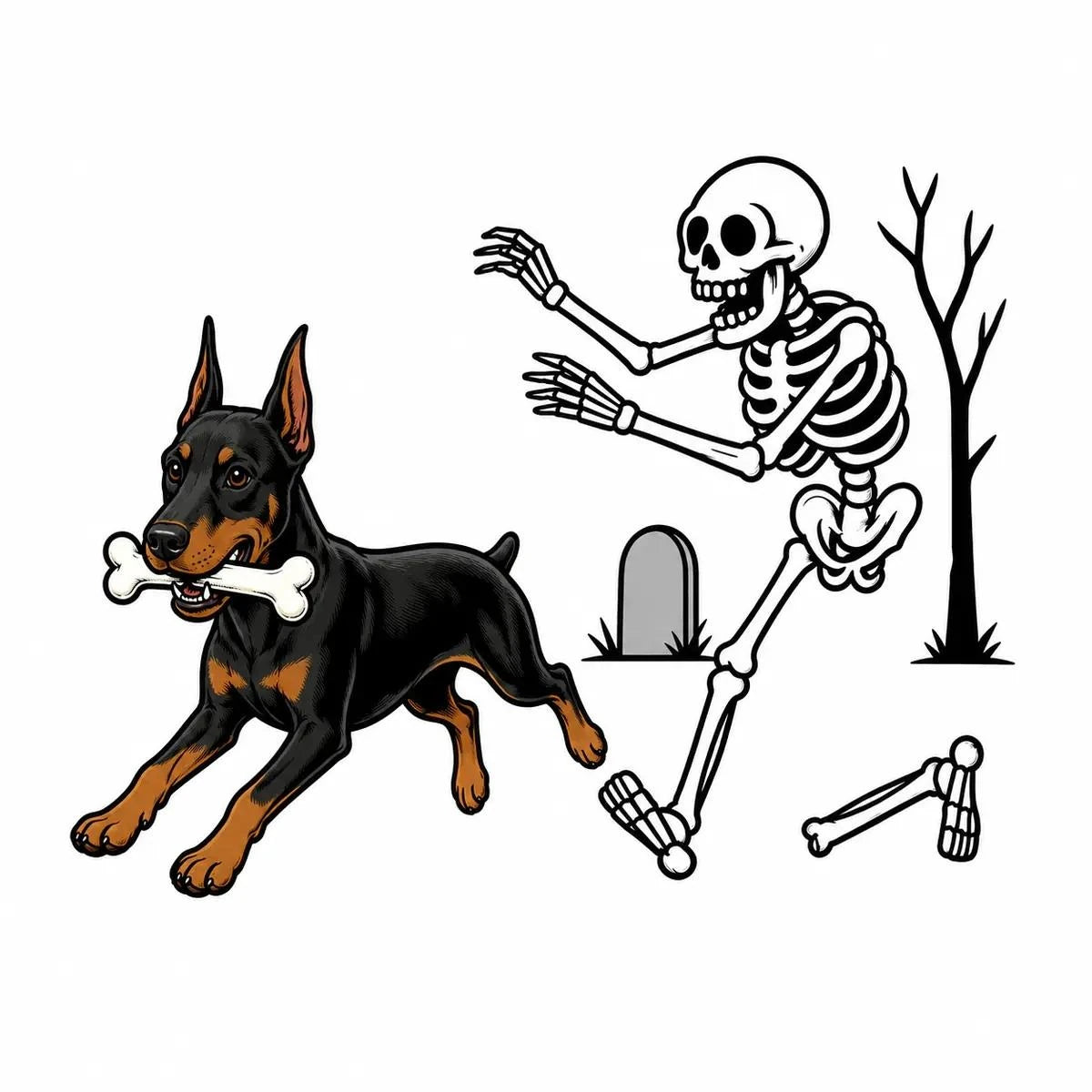 Personalized Dog Breed Halloween T-Shirt, Custom Choose Your Dog, Funny Skeleton Chasing Pup Graphic, Spooky Pet Lover Gift – Doberman