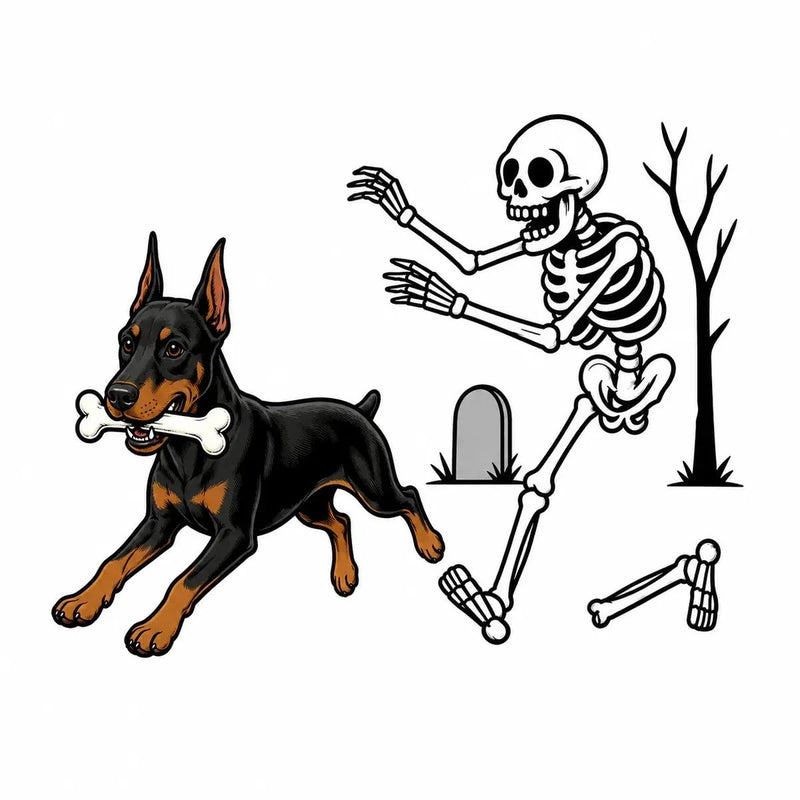 Personalized Dog Breed Halloween T-Shirt, Custom Choose Your Dog, Funny Skeleton Chasing Pup Graphic, Spooky Pet Lover Gift – Doberman