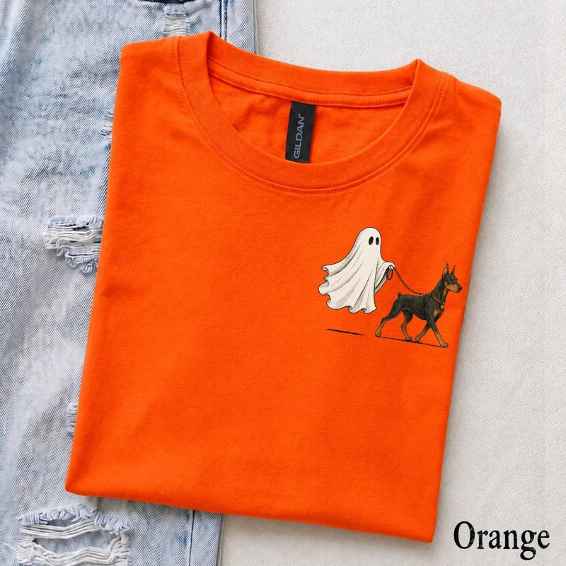 Personalized Dog Breed Ghost Walking Pet Halloween T-Shirt, Cute Fall Spooky Season Dog Mom Graphic Tee – Doberman