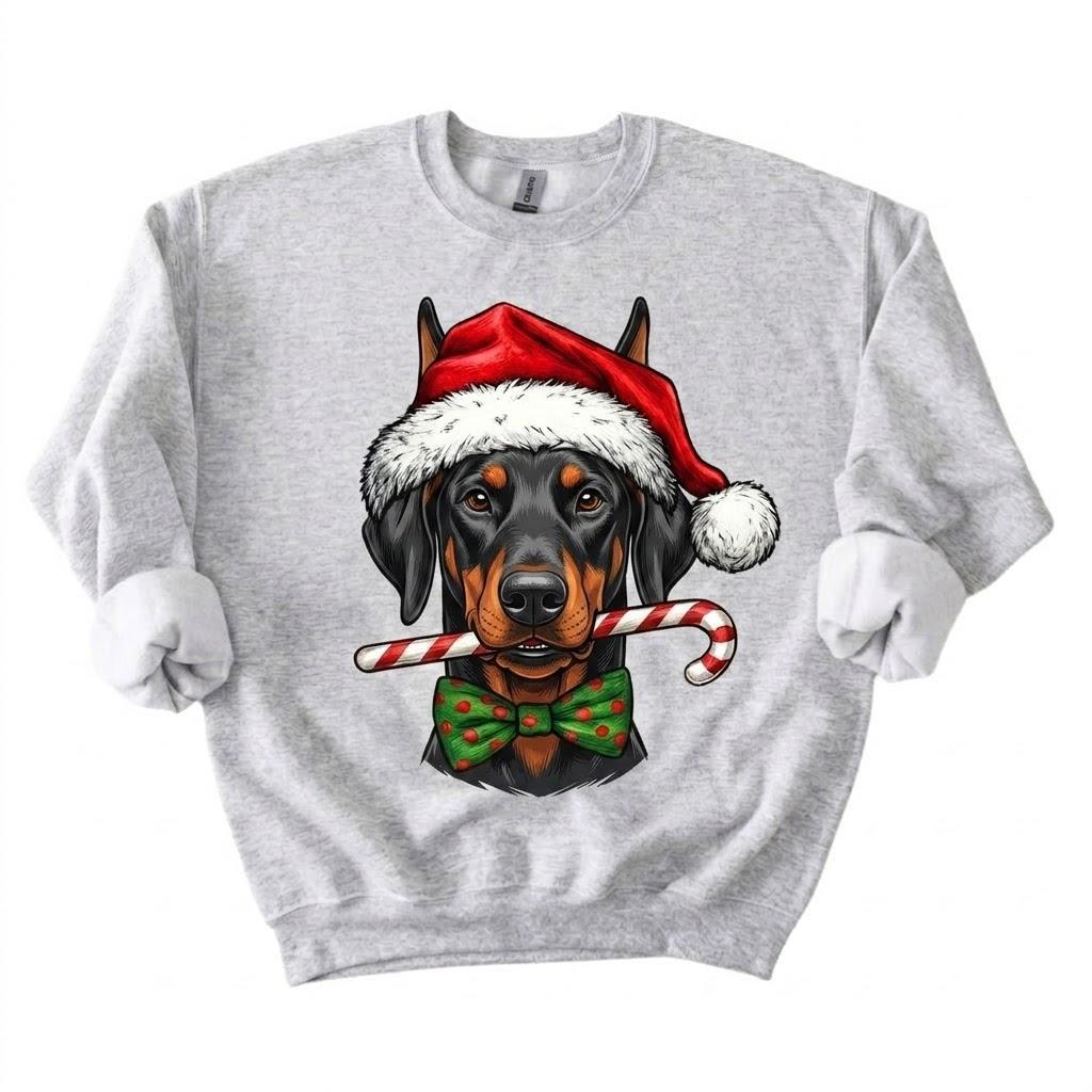 Personalized 50+ Dog Breed Christmas Sweatshirt, Custom Santa Hat Candy Cane Pet Portrait, Dog Mom and Dog Dad Holiday Gift – Doberman