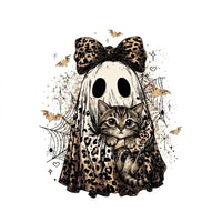 Halloween Cat Sweatshirt, Leopard Ghost Holding Custom Cat Breed, Spooky Season Cat Lover Gift for Women, Coquette Bow Leopard Print Style – Domestic Shorthair