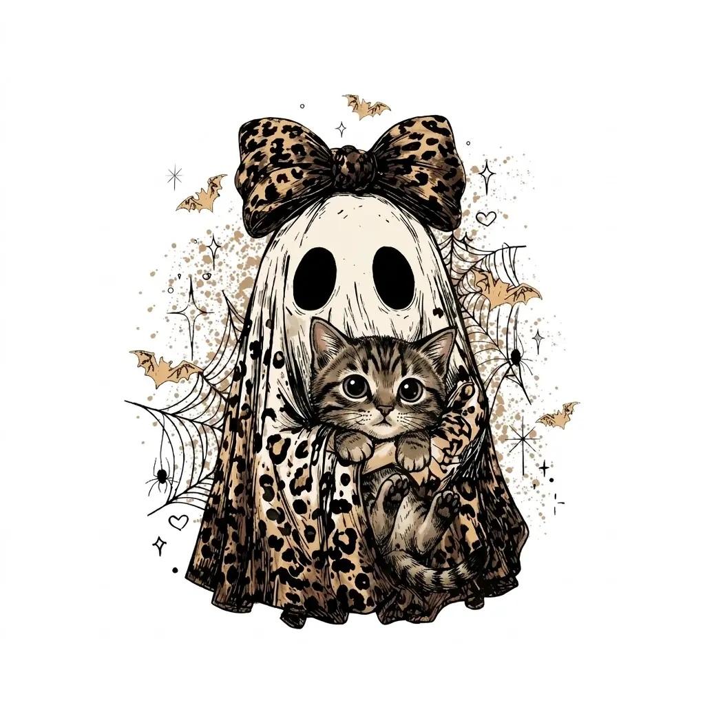 Halloween Cat Sweatshirt, Leopard Ghost Holding Custom Cat Breed, Spooky Season Cat Lover Gift for Women, Coquette Bow Leopard Print Style – Domestic Shorthair