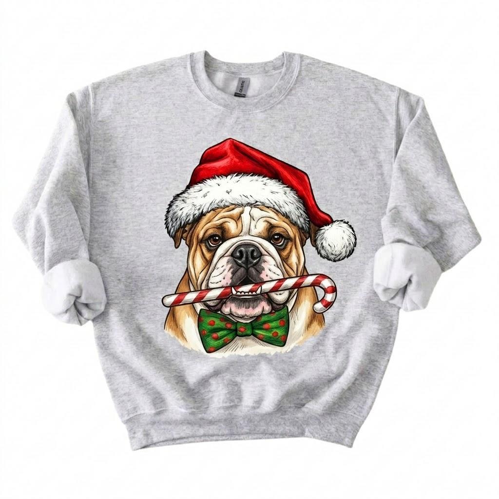 Personalized 50+ Dog Breed Christmas Sweatshirt, Custom Santa Hat Candy Cane Pet Portrait, Dog Mom and Dog Dad Holiday Gift – English Bulldog