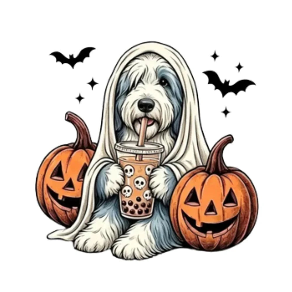 Personalized Dog Halloween T-Shirt, Custom Choose Your Dog Breed Ghost Boba Graphic, Spooky Pet Lover Gift – English Sheepdog