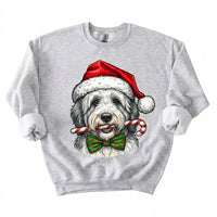 Personalized 50+ Dog Breed Christmas Sweatshirt, Custom Santa Hat Candy Cane Pet Portrait, Dog Mom and Dog Dad Holiday Gift – English Sheepdog