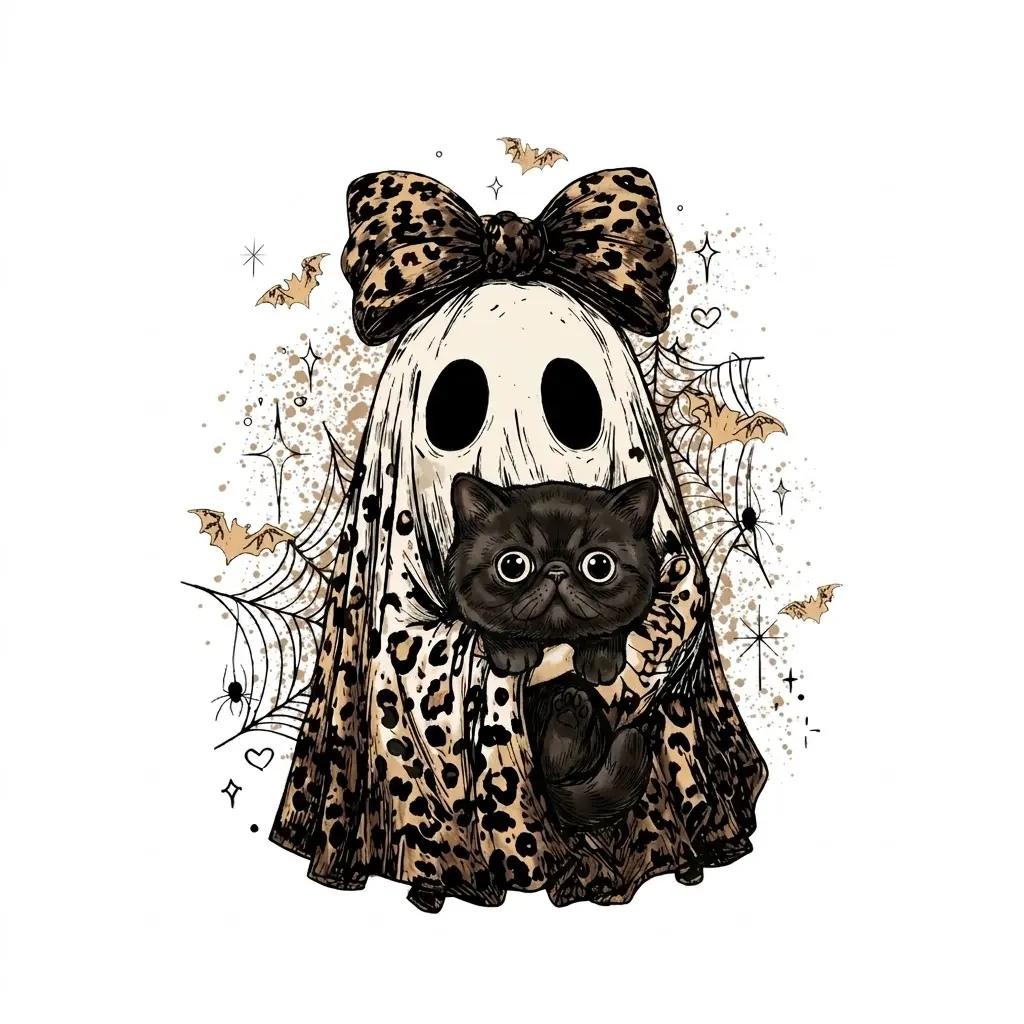 Halloween Cat Sweatshirt, Leopard Ghost Holding Custom Cat Breed, Spooky Season Cat Lover Gift for Women, Coquette Bow Leopard Print Style – Exotic Shorthair