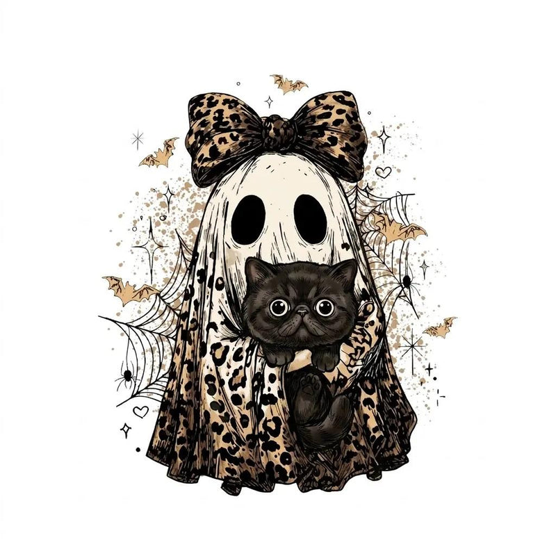 Halloween Cat Sweatshirt, Leopard Ghost Holding Custom Cat Breed, Spooky Season Cat Lover Gift for Women, Coquette Bow Leopard Print Style – Exotic Shorthair