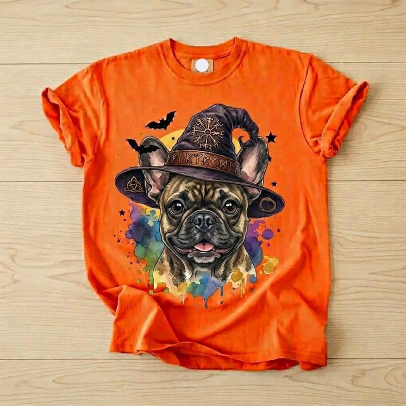 Custom Witch Dog Breed Halloween T-Shirt, Spooky Dog Mom Graphic Tee, Fall Pet Lover Costume Apparel – French Bulldog