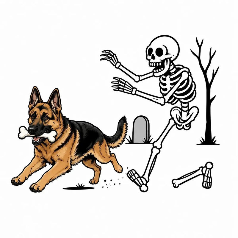 Personalized Dog Breed Halloween T-Shirt, Custom Choose Your Dog, Funny Skeleton Chasing Pup Graphic, Spooky Pet Lover Gift – German Shepherd
