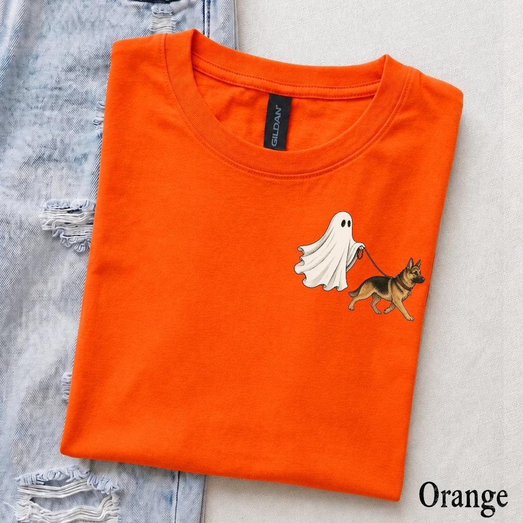 Personalized Dog Breed Halloween T-Shirt, Custom Ghost Walking Pet Top, Spooky Season Dog Mom Gift – German Shepherd