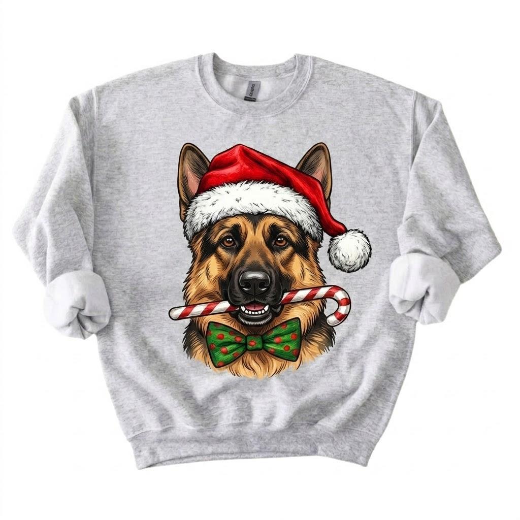 Personalized 50+ Dog Breed Christmas Sweatshirt, Custom Santa Hat Candy Cane Pet Portrait, Dog Mom and Dog Dad Holiday Gift – German Shepherd