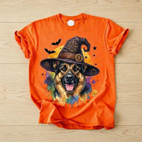 Custom Witch Dog Breed Halloween T-Shirt, Spooky Dog Mom Graphic Tee, Fall Pet Lover Costume Apparel – German Shepherd