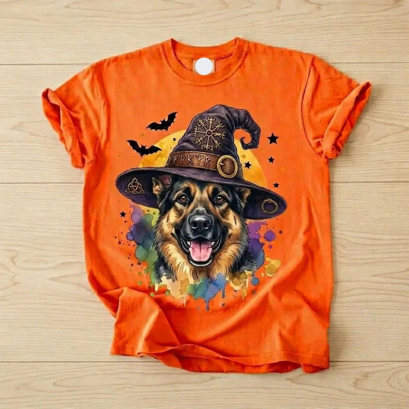 Custom Witch Dog Breed Halloween T-Shirt, Spooky Dog Mom Graphic Tee, Fall Pet Lover Costume Apparel – German Shepherd