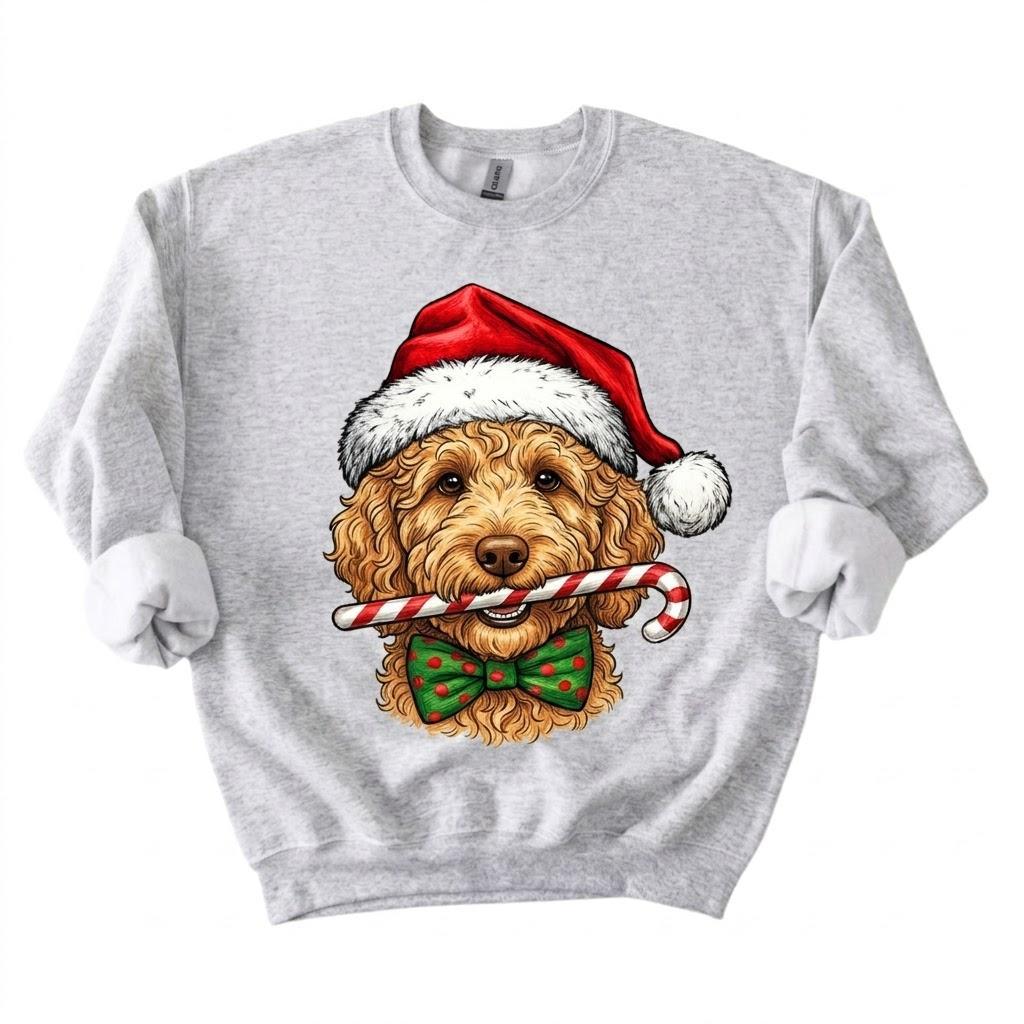 Personalized 50+ Dog Breed Christmas Sweatshirt, Custom Santa Hat Candy Cane Pet Portrait, Dog Mom and Dog Dad Holiday Gift – Golden Doodle