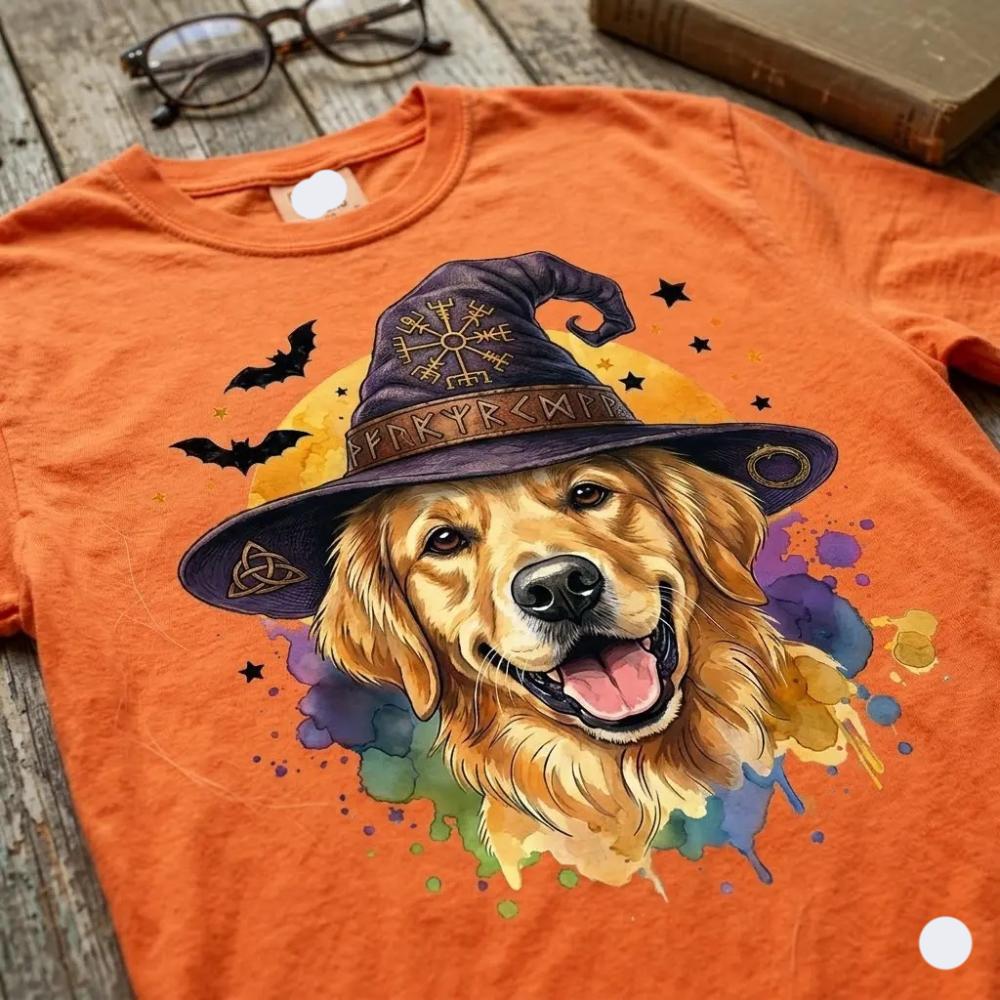 Personalized Halloween Dog Breed T-Shirt, Custom Choose Your Breed Witch Dog Graphic, Cute Spooky Dog Mom Pet Lover Gift – Golden Retriever