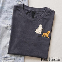 Personalized Dog Breed Halloween T-Shirt, Custom Ghost Walking Dog Graphic, Spooky Season Dog Mom Dad Gift – Golden Retriever