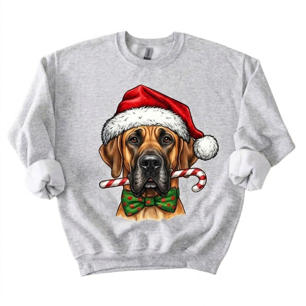 Personalized 50+ Dog Breed Christmas Sweatshirt, Custom Santa Hat Candy Cane Pet Portrait, Dog Mom and Dog Dad Holiday Gift – Great Dane