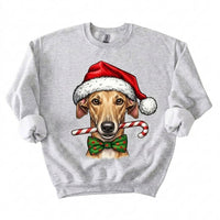 Personalized Dog Breed Christmas Sweatshirt, 50+ Breed Options, Santa Hat Candy Cane Dog Portrait, Holiday Gift for Dog Mom and Dog Dad – Grey Hound
