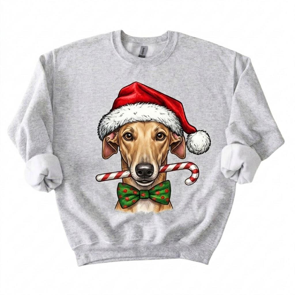 Personalized Dog Breed Christmas Sweatshirt, 50+ Breed Options, Santa Hat Candy Cane Dog Portrait, Holiday Gift for Dog Mom and Dog Dad – Grey Hound